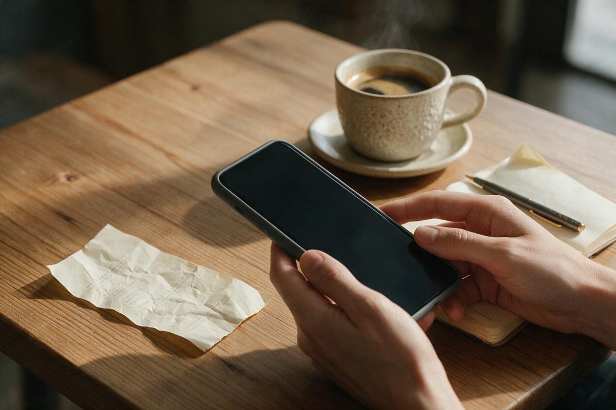 Mãos a segurar um telemóvel junto a um recibo em papel, para registar a despesa no Kitadi